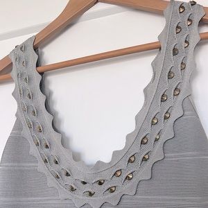 Herve Leger Grey Gold Studded Bodycon Dress Small